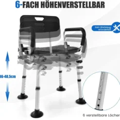 Duschstuhl höhenverstellbar Duschhocker mit Duschkopfhalterung Badehocker 100KG belastbar Duschsitz mit Arm- und Rücklehne Schwarz