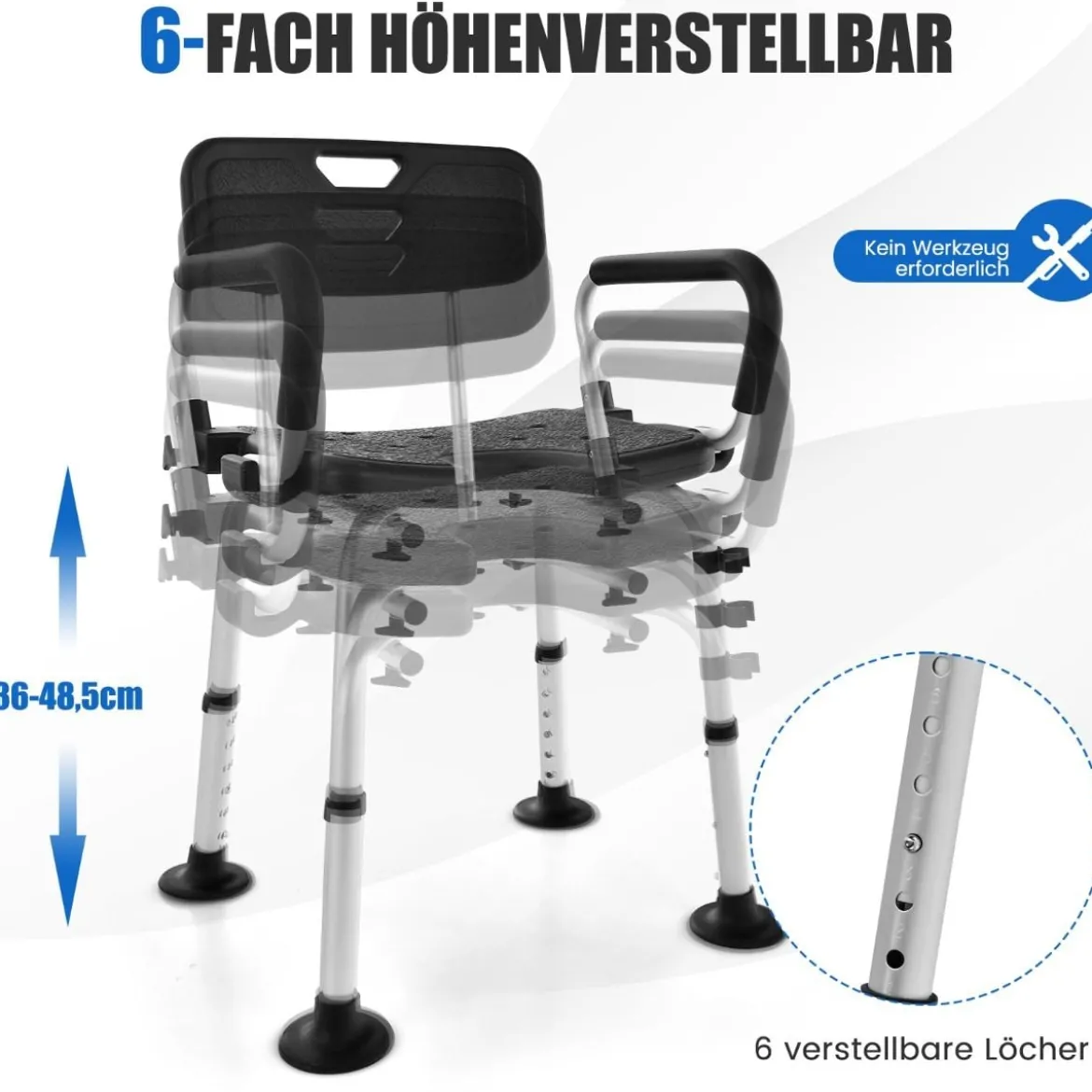 Duschstuhl höhenverstellbar Duschhocker mit Duschkopfhalterung Badehocker 100KG belastbar Duschsitz mit Arm- und Rücklehne Schwarz