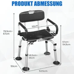Duschstuhl höhenverstellbar Duschhocker mit Duschkopfhalterung Badehocker 100KG belastbar Duschsitz mit Arm- und Rücklehne Schwarz