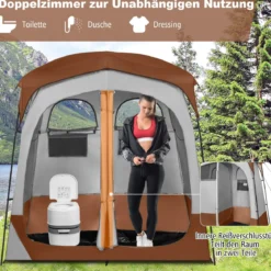 Duschzelt mit 2 Räumen & Abnehmbarem Regenschutz & Innentasche Toilettenzelt Braun