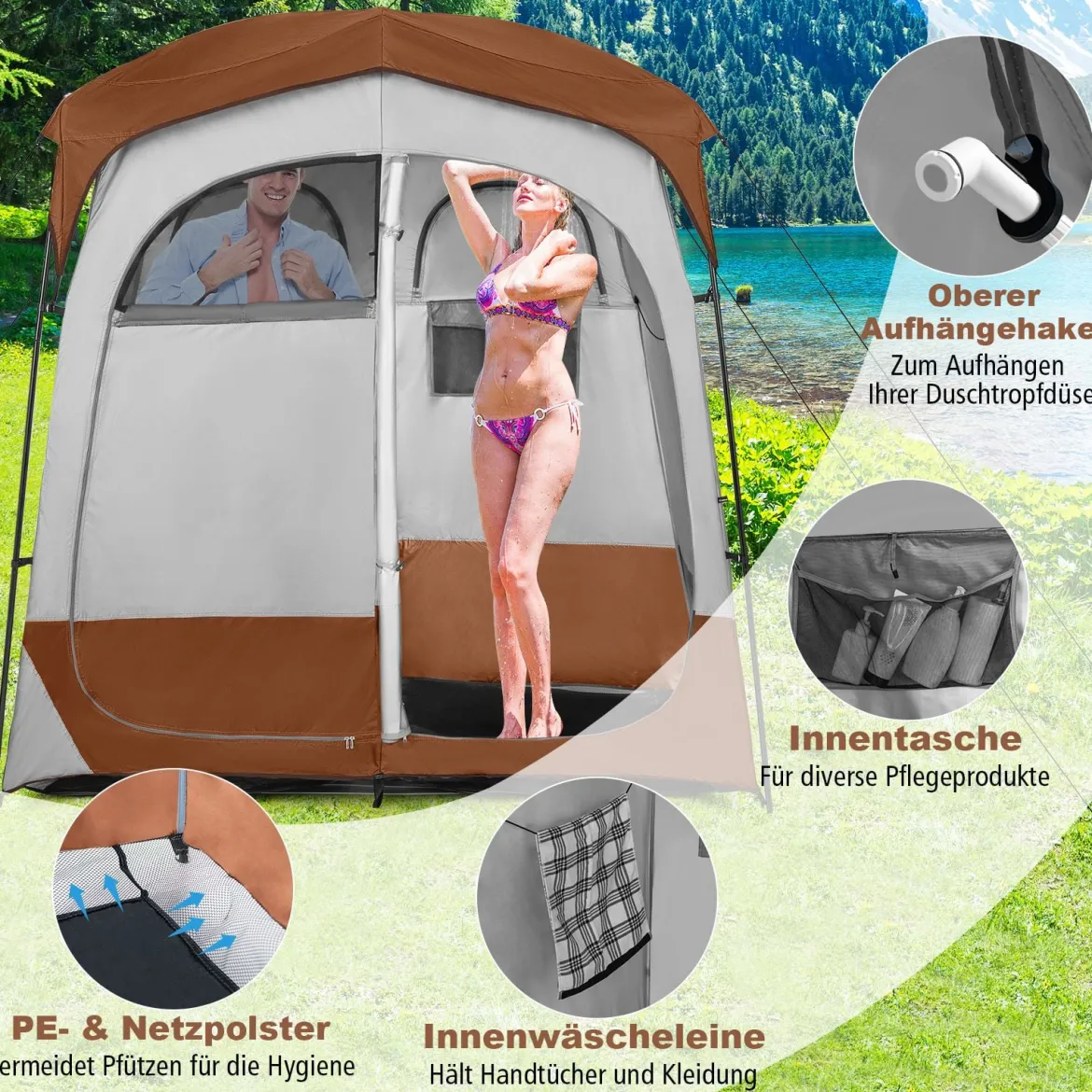 Duschzelt mit 2 Räumen & Abnehmbarem Regenschutz & Innentasche Toilettenzelt Braun