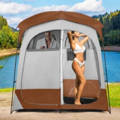 Duschzelt mit 2 Räumen & Abnehmbarem Regenschutz & Innentasche Toilettenzelt Braun
