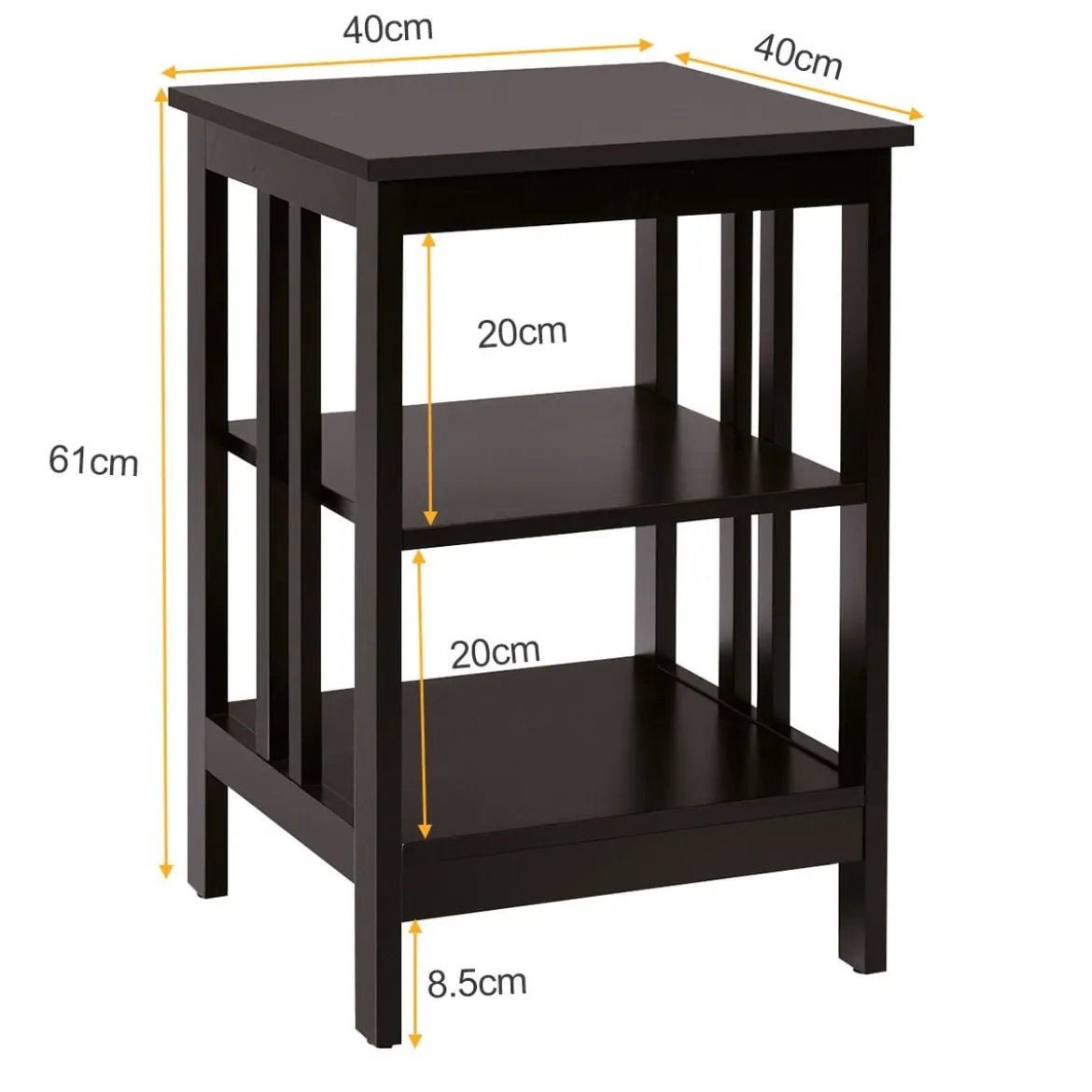 3 Ebene II-förmig Nachttisch Beistelltisch mit Regal & Stauraum 40 x 40 x 61 cm Kaffee