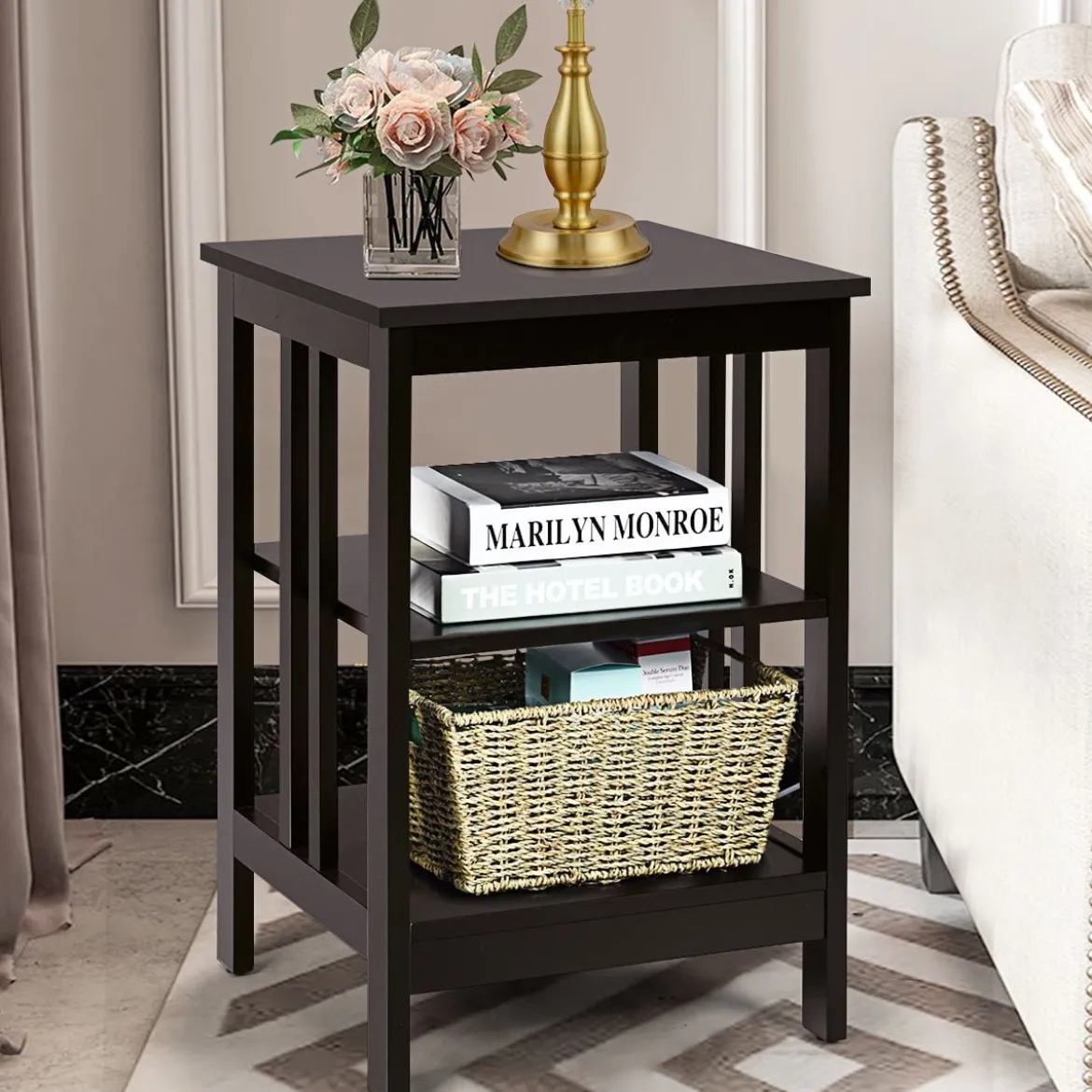 3 Ebene II-förmig Nachttisch Beistelltisch mit Regal & Stauraum 40 x 40 x 61 cm Kaffee