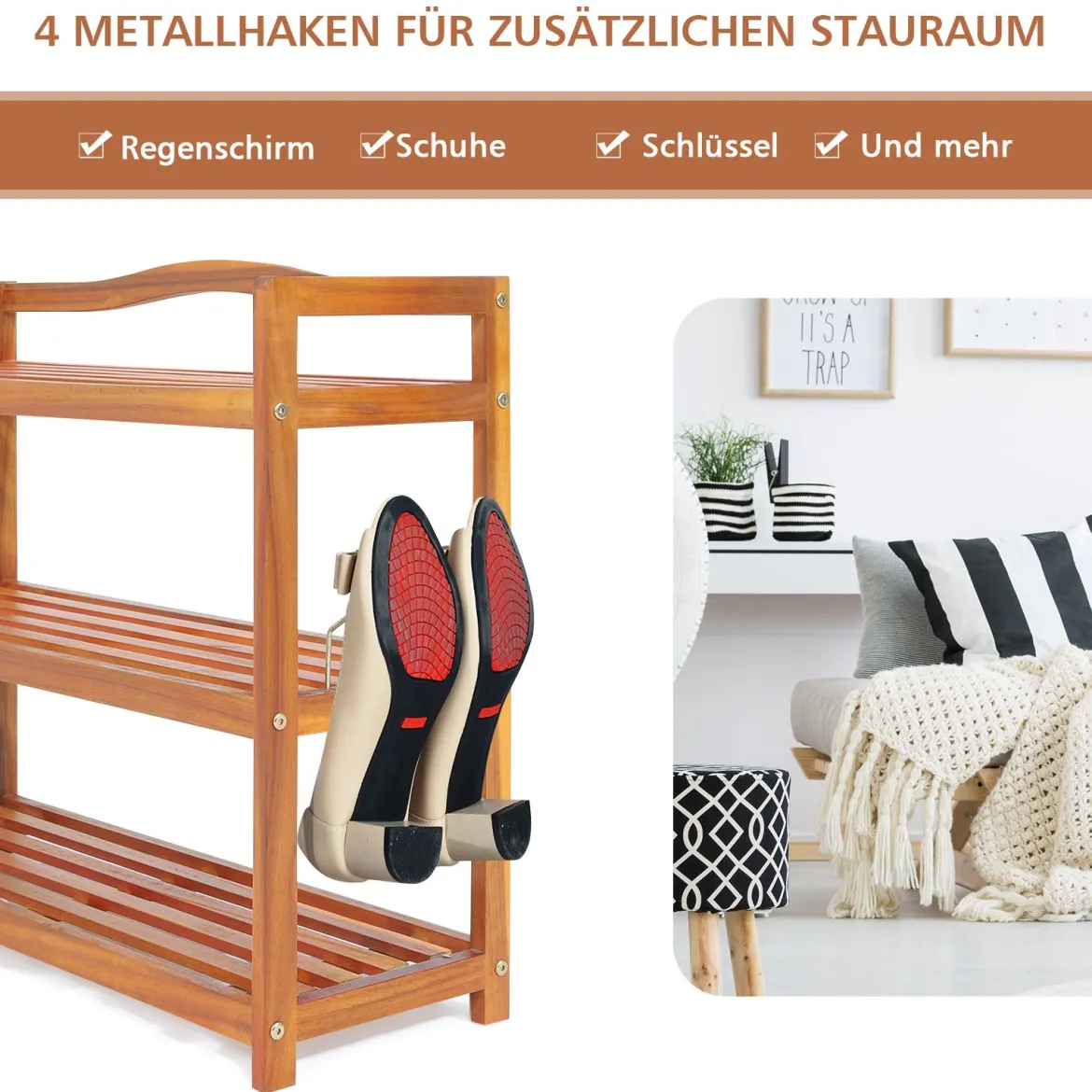 3 Ebenen Akazienholz Schuhregal mit Seitlichen Metallhaken Schuhablage Hält bis zu 12-18 Paar