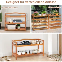 3 Ebenen Akazienholz Schuhregal mit Seitlichen Metallhaken Schuhablage Hält bis zu 12-18 Paar