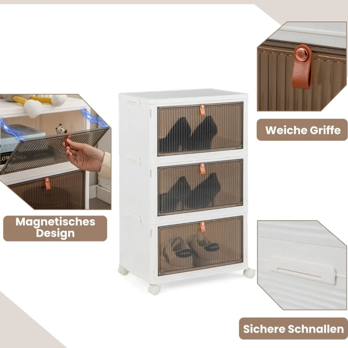 3/4/6-Ebenen Aufbewahrungsboxen mit Deckel & Magnetischen Transparenten Türen & Rollen Weiß