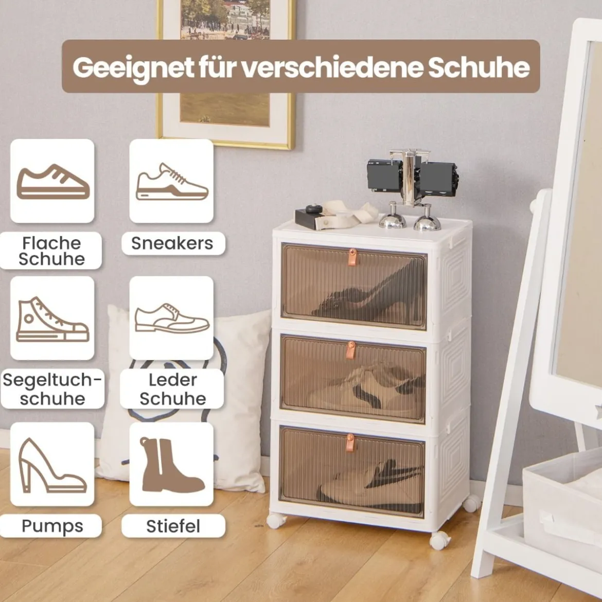 3/4/6-Ebenen Aufbewahrungsboxen mit Deckel & Magnetischen Transparenten Türen & Rollen Weiß