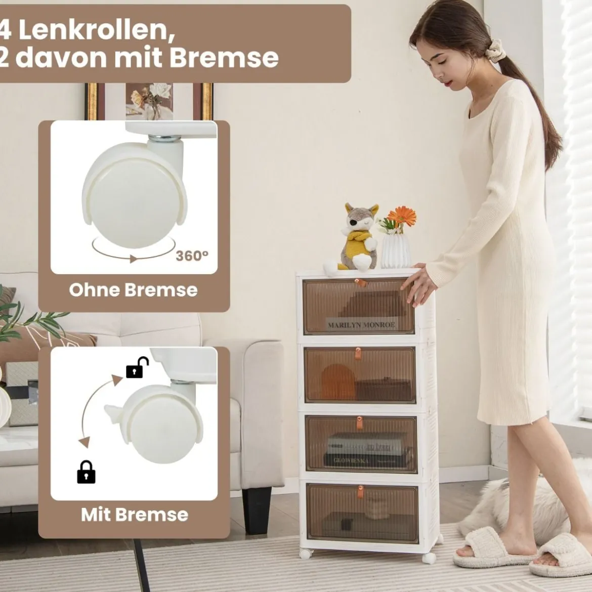 3/4/6-Ebenen Aufbewahrungsboxen mit Deckel & Magnetischen Transparenten Türen & Rollen Weiß