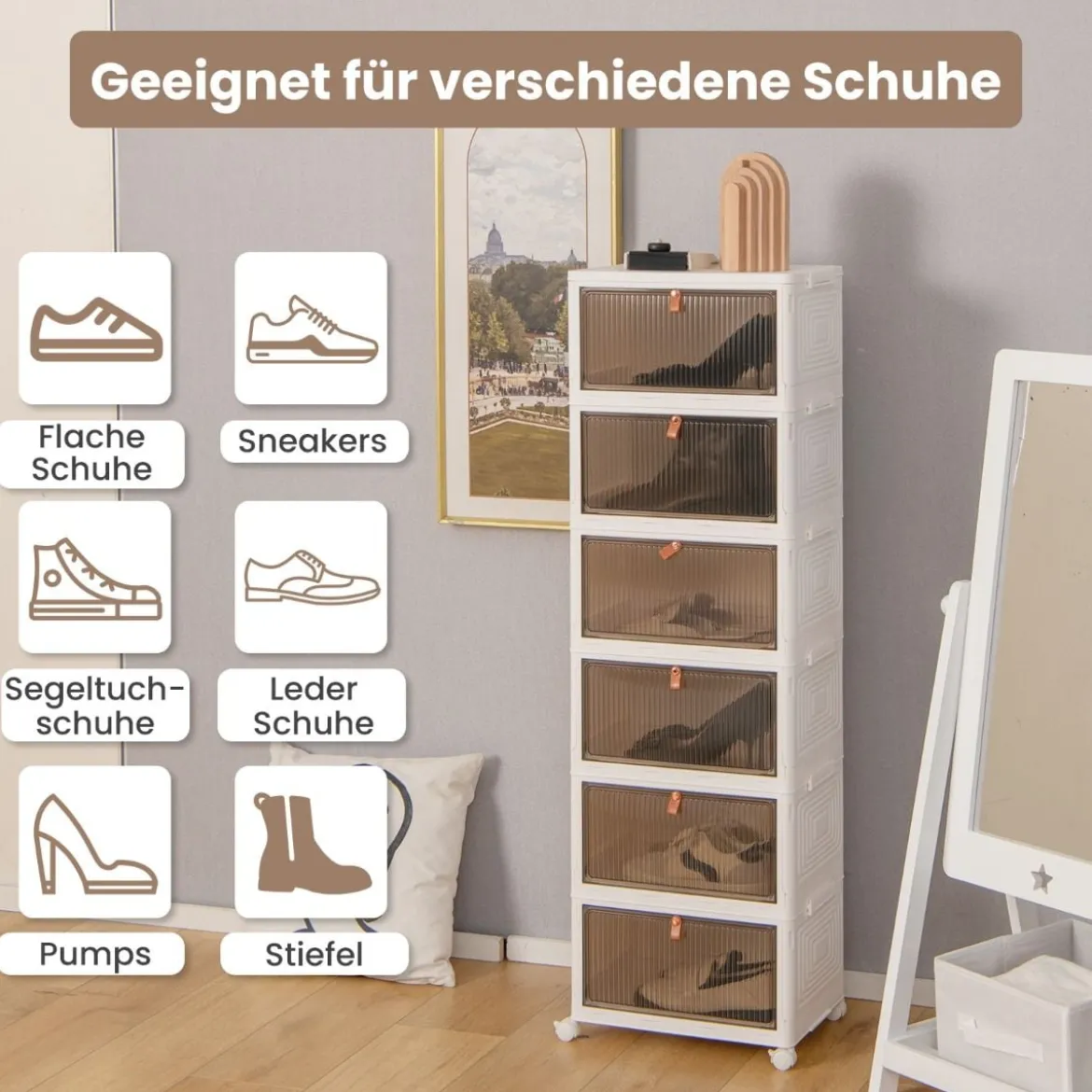 3/4/6-Ebenen Aufbewahrungsboxen mit Deckel & Magnetischen Transparenten Türen & Rollen Weiß