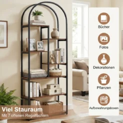 7 Ebenen Bücherregal Bogenförmiges Regal Metallregal im Industriestil Standregal Braun