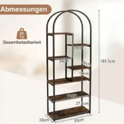 7 Ebenen Bücherregal Bogenförmiges Regal Metallregal im Industriestil Standregal Braun