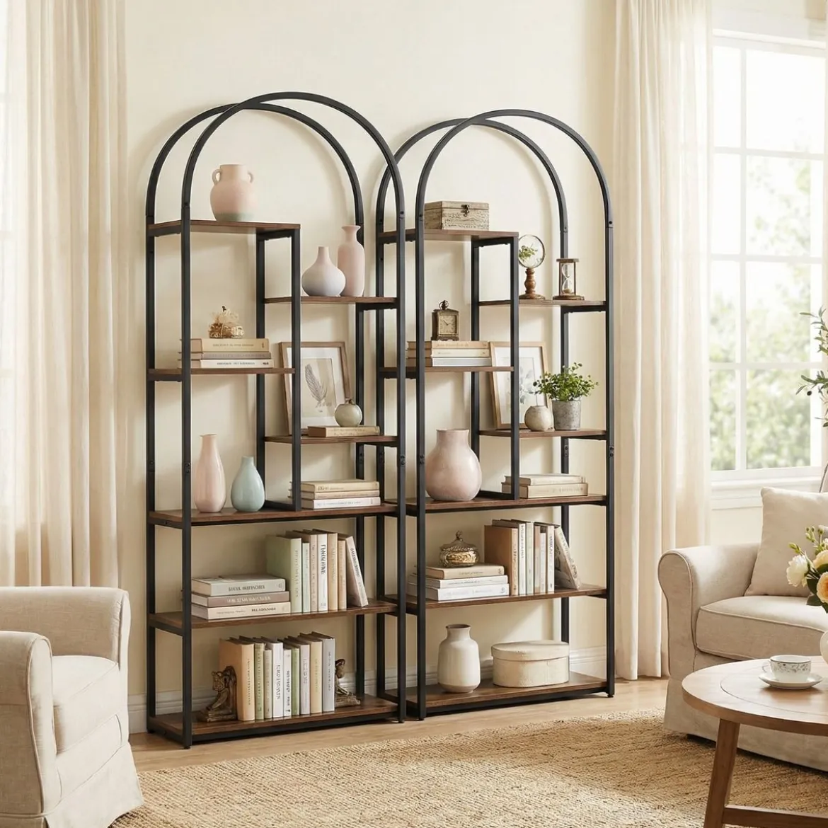 7 Ebenen Bücherregal Bogenförmiges Regal Metallregal im Industriestil Standregal Braun