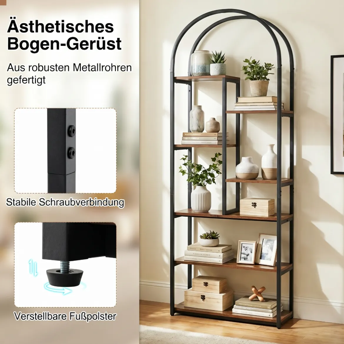 7 Ebenen Bücherregal Bogenförmiges Regal Metallregal im Industriestil Standregal Braun