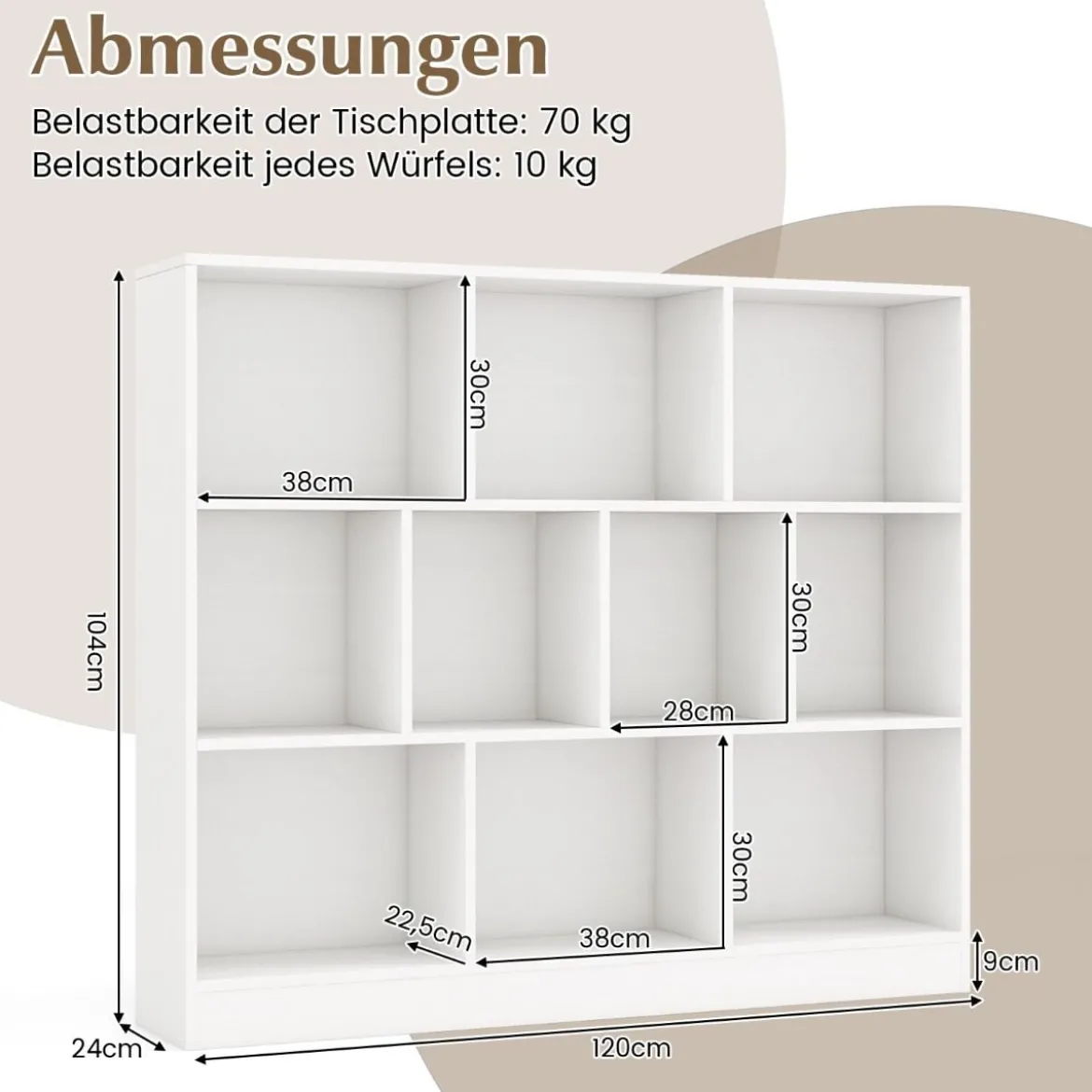 3 Ebenen Bücherregal mit 10 Fächern Standregal Würfelregal Büroregal 120 x 24 x 104 cm
