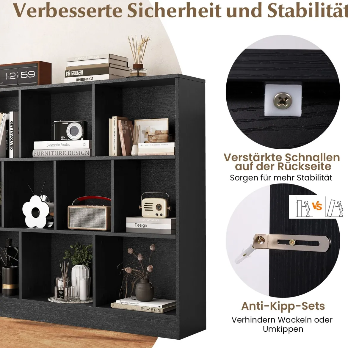 3 Ebenen Bücherregal mit 10 Fächern Standregal Würfelregal Büroregal 120 x 24 x 104 cm