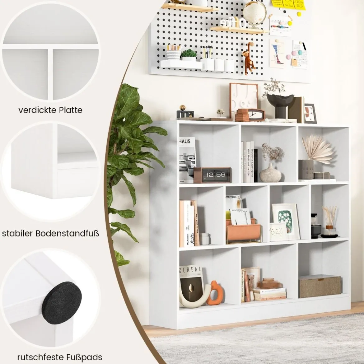 3 Ebenen Bücherregal mit 10 Fächern Standregal Würfelregal Büroregal 120 x 24 x 104 cm