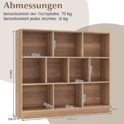 3 Ebenen Bücherregal mit 10 Fächern Standregal Würfelregal Büroregal 120 x 24 x 104 cm