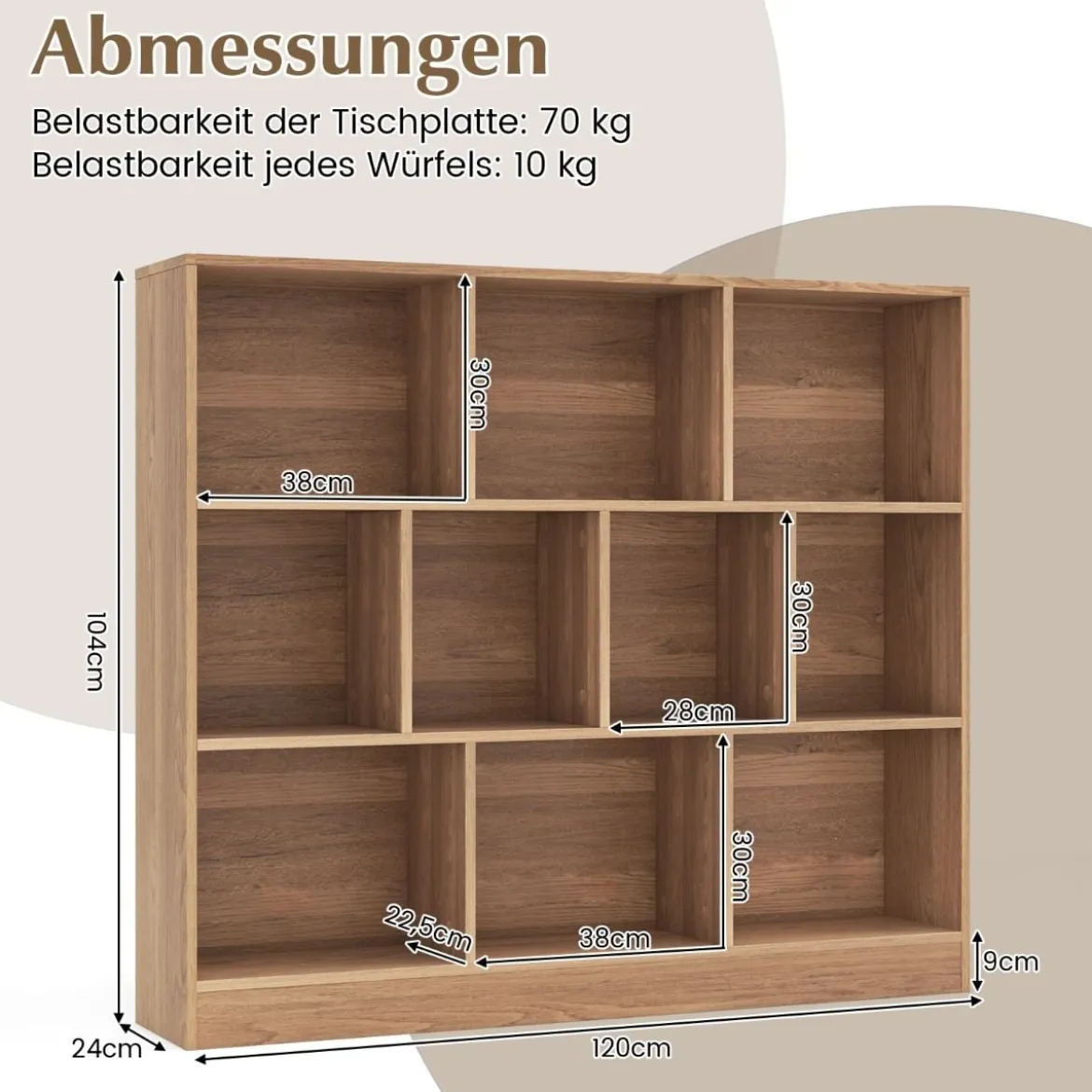 3 Ebenen Bücherregal mit 10 Fächern Standregal Würfelregal Büroregal 120 x 24 x 104 cm