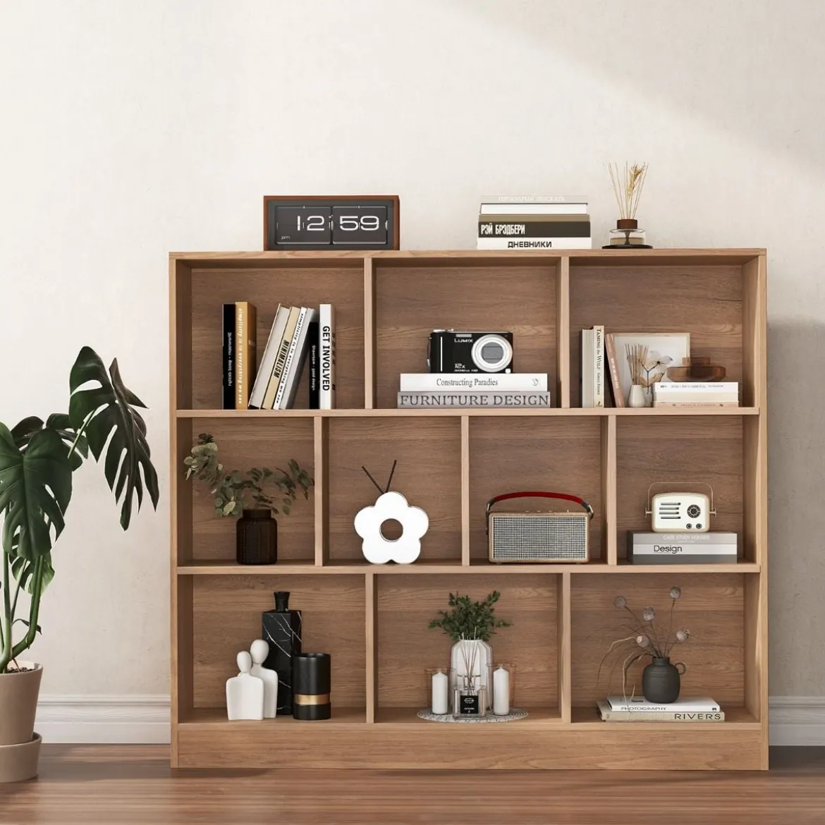 3 Ebenen Bücherregal mit 10 Fächern Standregal Würfelregal Büroregal 120 x 24 x 104 cm