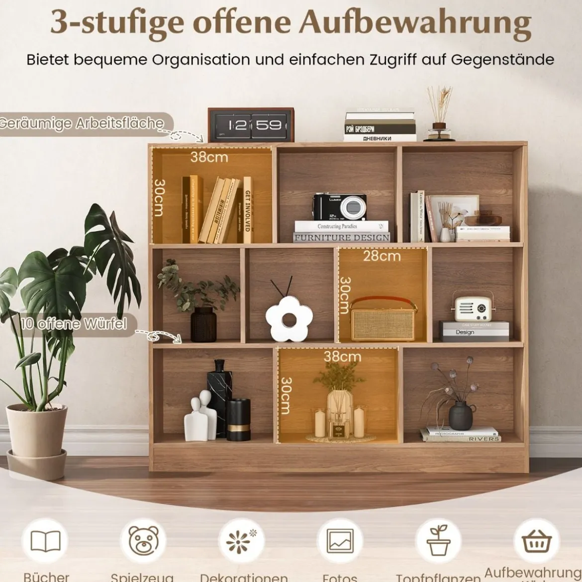 3 Ebenen Bücherregal mit 10 Fächern Standregal Würfelregal Büroregal 120 x 24 x 104 cm