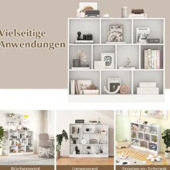 3 Ebenen Bücherregal mit 10 Fächern Standregal Würfelregal Büroregal 120 x 24 x 104 cm