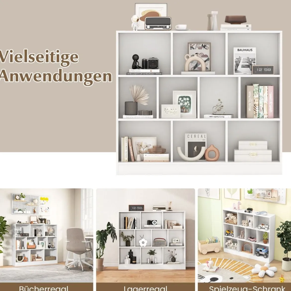 3 Ebenen Bücherregal mit 10 Fächern Standregal Würfelregal Büroregal 120 x 24 x 104 cm