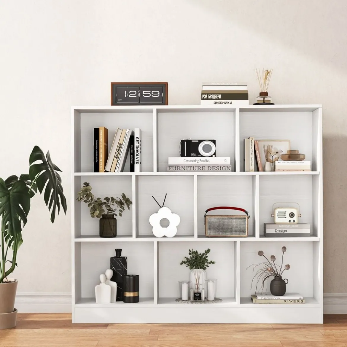 3 Ebenen Bücherregal mit 10 Fächern Standregal Würfelregal Büroregal 120 x 24 x 104 cm