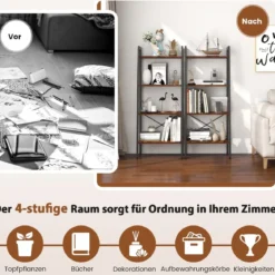 4 Ebenen Bücherregal mit Metallrahmen & Verstellbaren Fußpolstern Rustikales Braun
