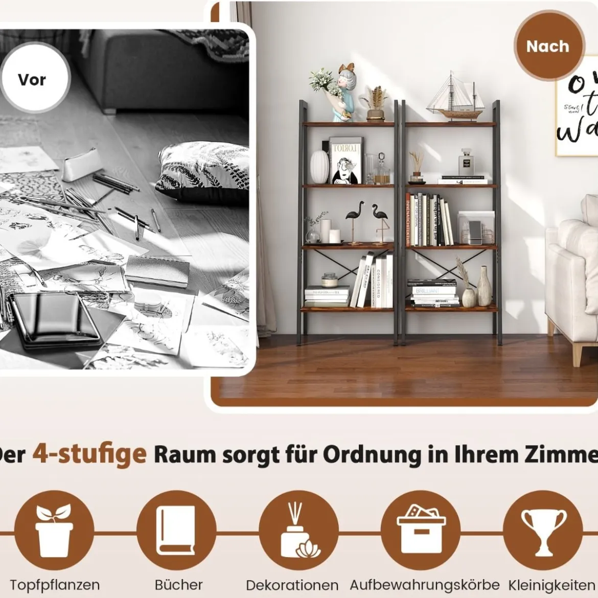 4 Ebenen Bücherregal mit Metallrahmen & Verstellbaren Fußpolstern Rustikales Braun