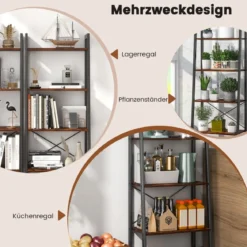 4 Ebenen Bücherregal mit Metallrahmen & Verstellbaren Fußpolstern Rustikales Braun