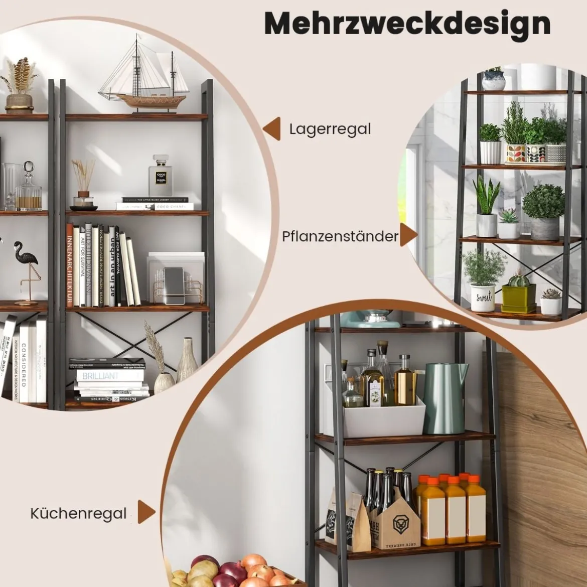 4 Ebenen Bücherregal mit Metallrahmen & Verstellbaren Fußpolstern Rustikales Braun