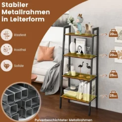 4 Ebenen Bücherregal mit Metallrahmen & Verstellbaren Fußpolstern Rustikales Braun