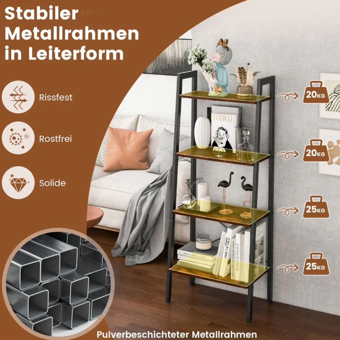 4 Ebenen Bücherregal mit Metallrahmen & Verstellbaren Fußpolstern Rustikales Braun