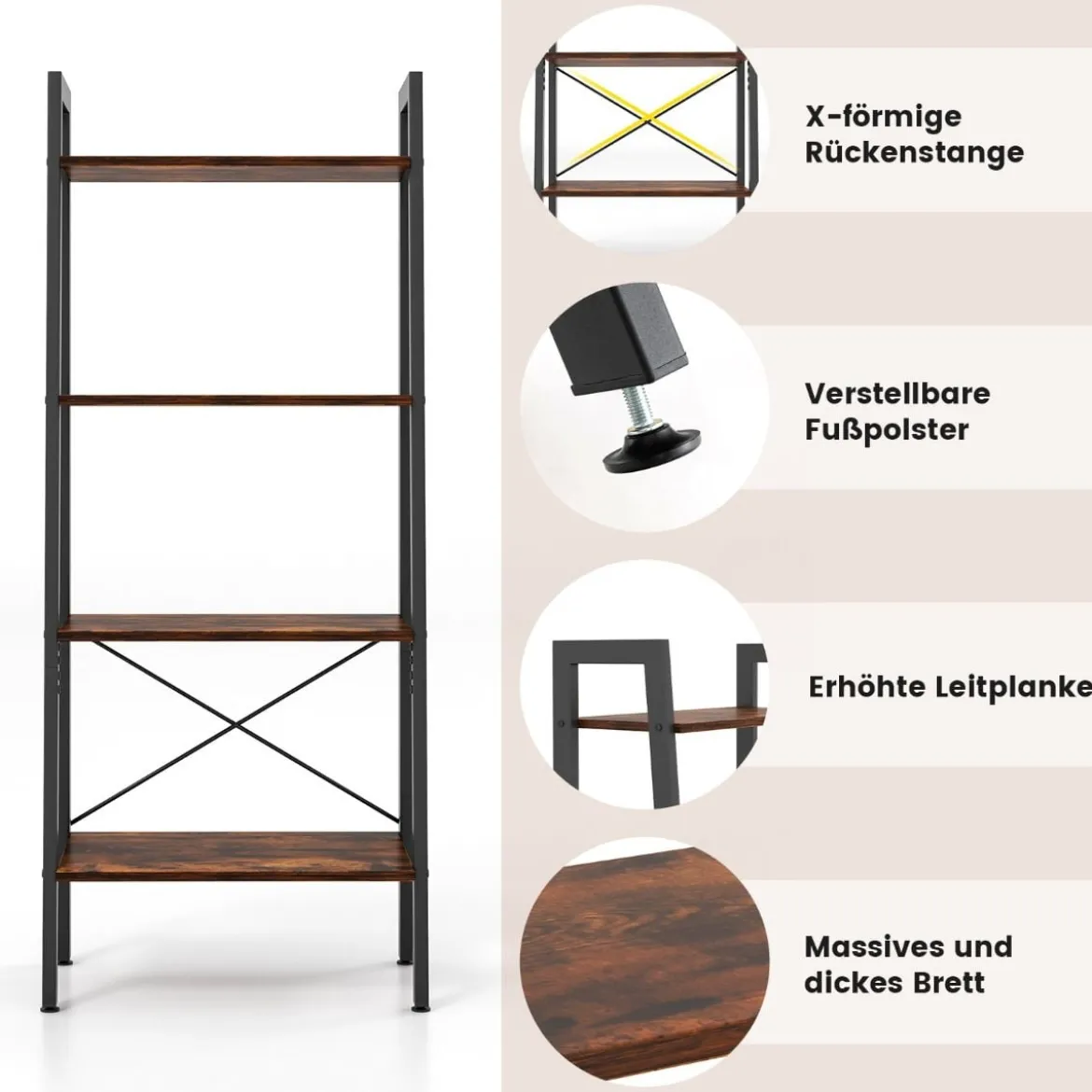 4 Ebenen Bücherregal mit Metallrahmen & Verstellbaren Fußpolstern Rustikales Braun