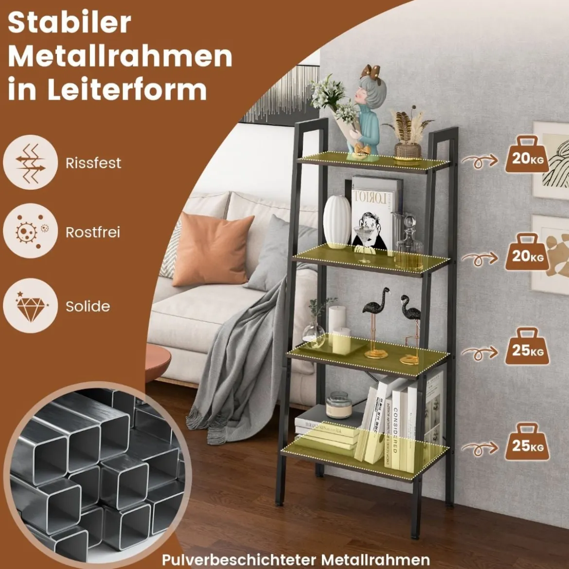 4 Ebenen Bücherregal mit Metallrahmen & Verstellbaren Fußpolstern Graue Eiche