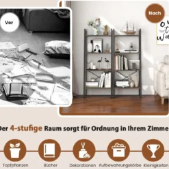 4 Ebenen Bücherregal mit Metallrahmen & Verstellbaren Fußpolstern Graue Eiche