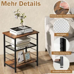 3 Ebenen Beistelltisch Industrie Design Nachttisch mit Verstellbarer Gitterablage 38,5 x 30 x 50 cm