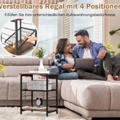 3 Ebenen Beistelltisch Industrie Design Nachttisch mit Verstellbarer Gitterablage 38,5 x 30 x 50 cm