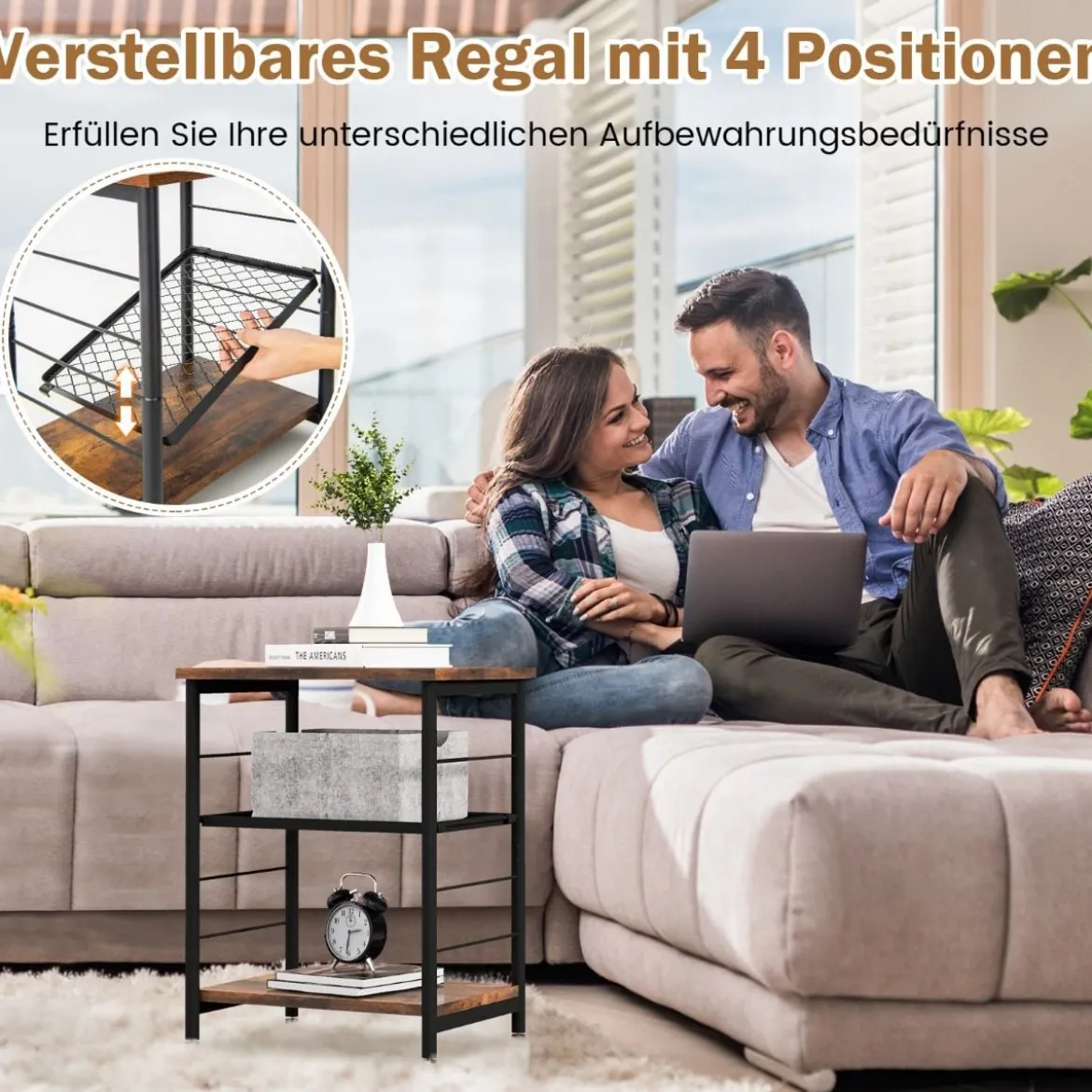 3 Ebenen Beistelltisch Industrie Design Nachttisch mit Verstellbarer Gitterablage 38,5 x 30 x 50 cm