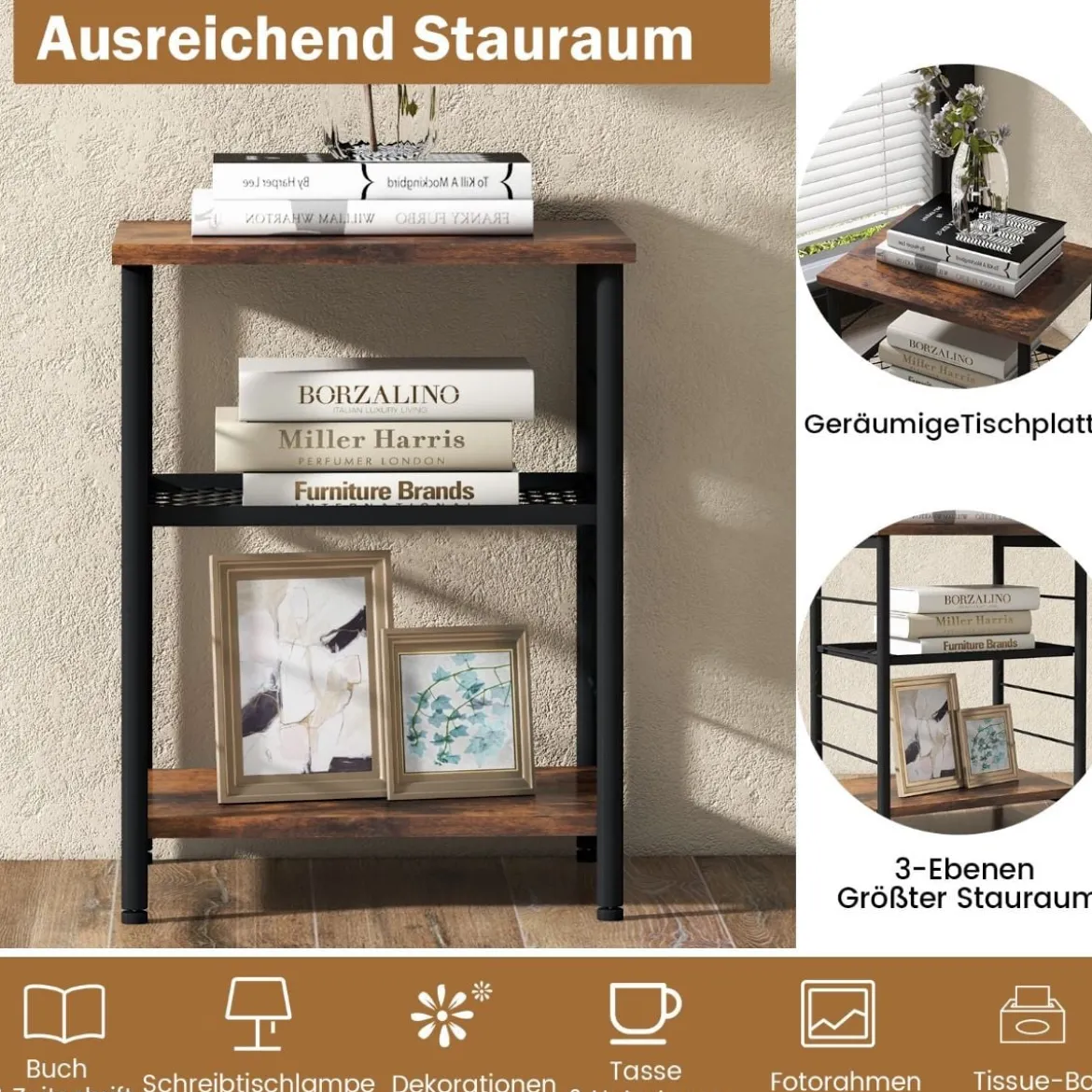 3 Ebenen Beistelltisch Industrie Design Nachttisch mit Verstellbarer Gitterablage 38,5 x 30 x 50 cm