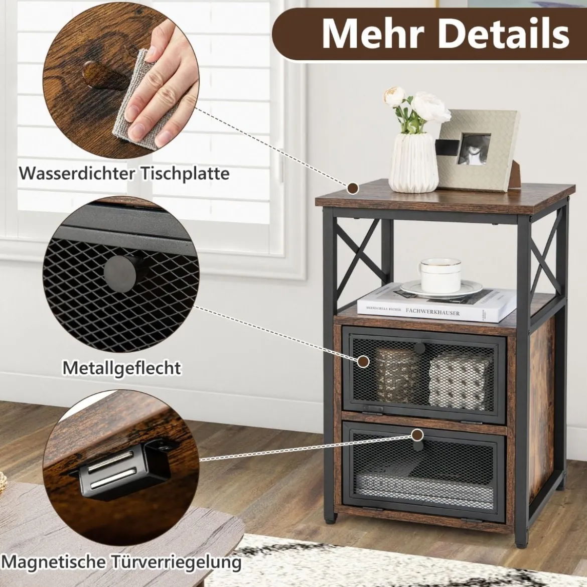 4 Ebenen Beistelltisch Industrie Design Nachttisch mit 2 Klappschubladen 60,5 x 40 x 35 cm Rustikales Braun