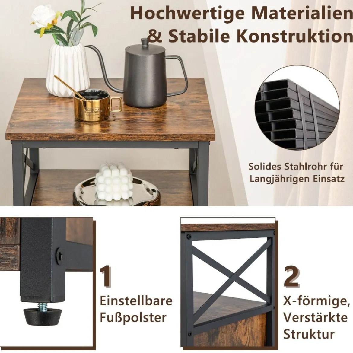 4 Ebenen Beistelltisch Industrie Design Nachttisch mit 2 Klappschubladen 60,5 x 40 x 35 cm Rustikales Braun