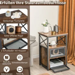 4 Ebenen Beistelltisch Industrie Design Nachttisch mit 2 Klappschubladen 60,5 x 40 x 35 cm Rustikales Braun