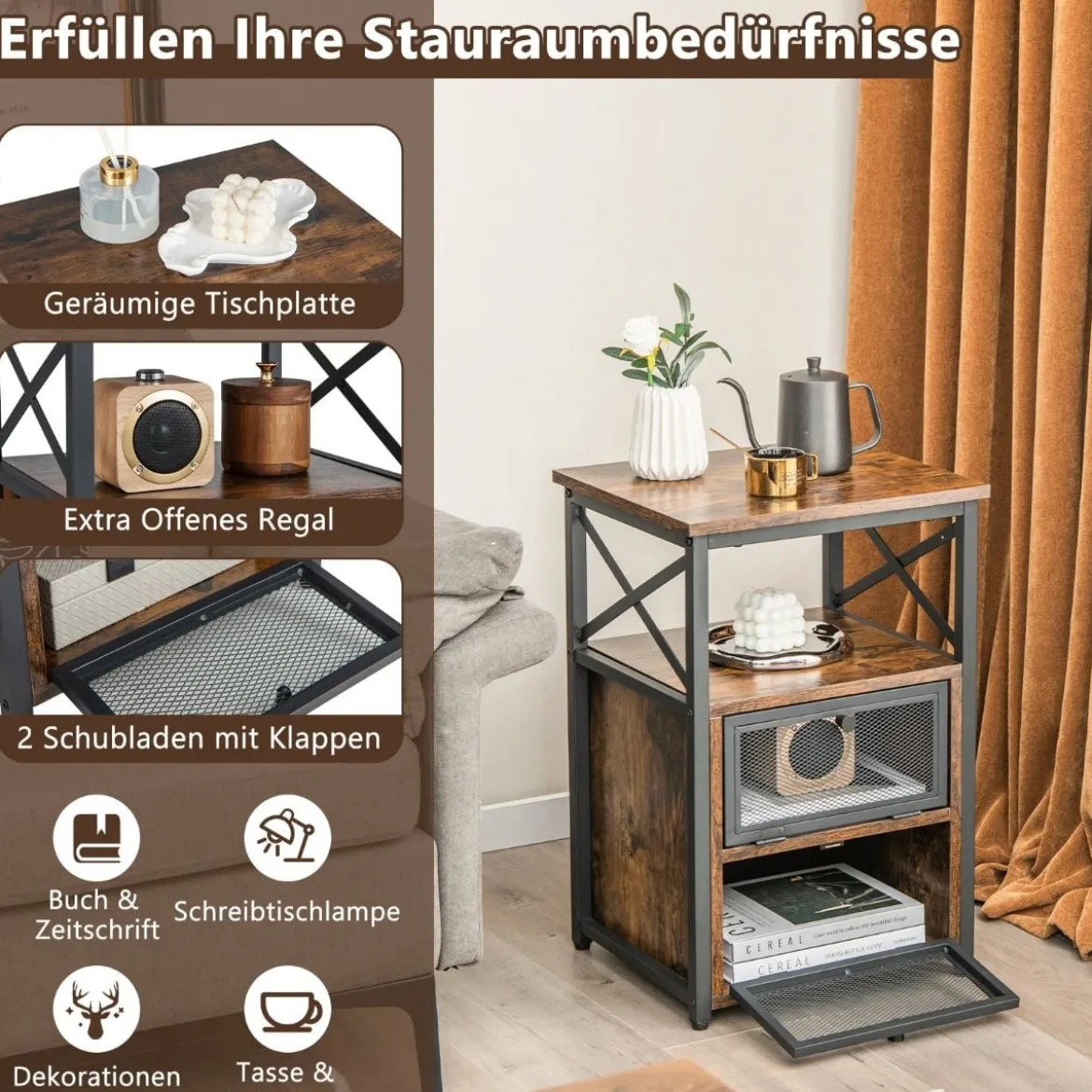 4 Ebenen Beistelltisch Industrie Design Nachttisch mit 2 Klappschubladen 60,5 x 40 x 35 cm Rustikales Braun