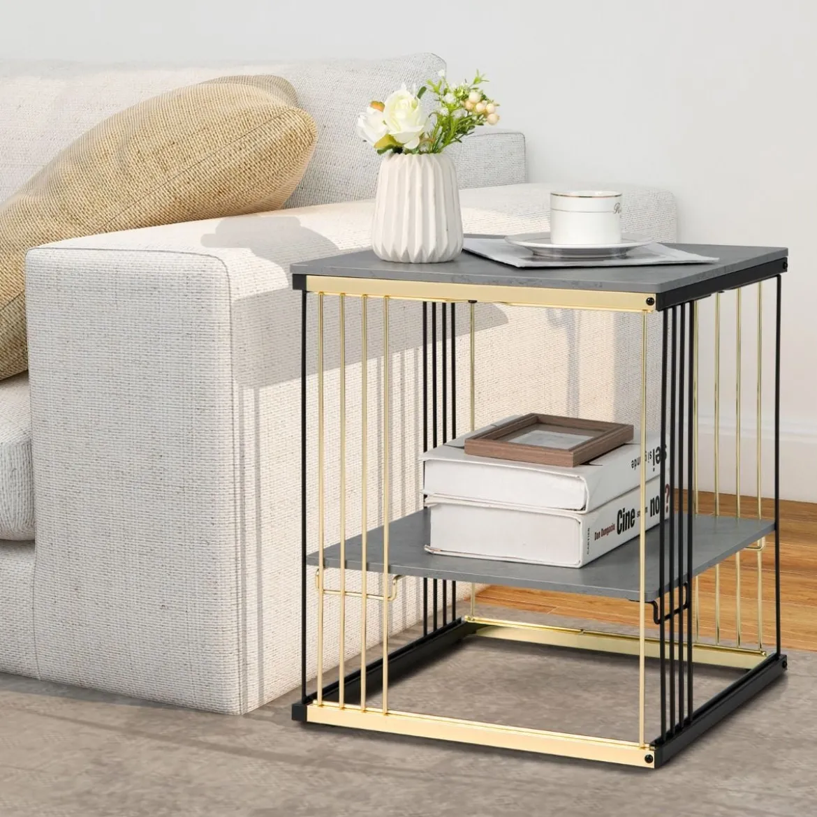 2 Ebenen Beistelltisch Marmor Optik mit abnehmbarer Ablage Sofatisch mit Metallrahmen 39 x 39 x 45 cm