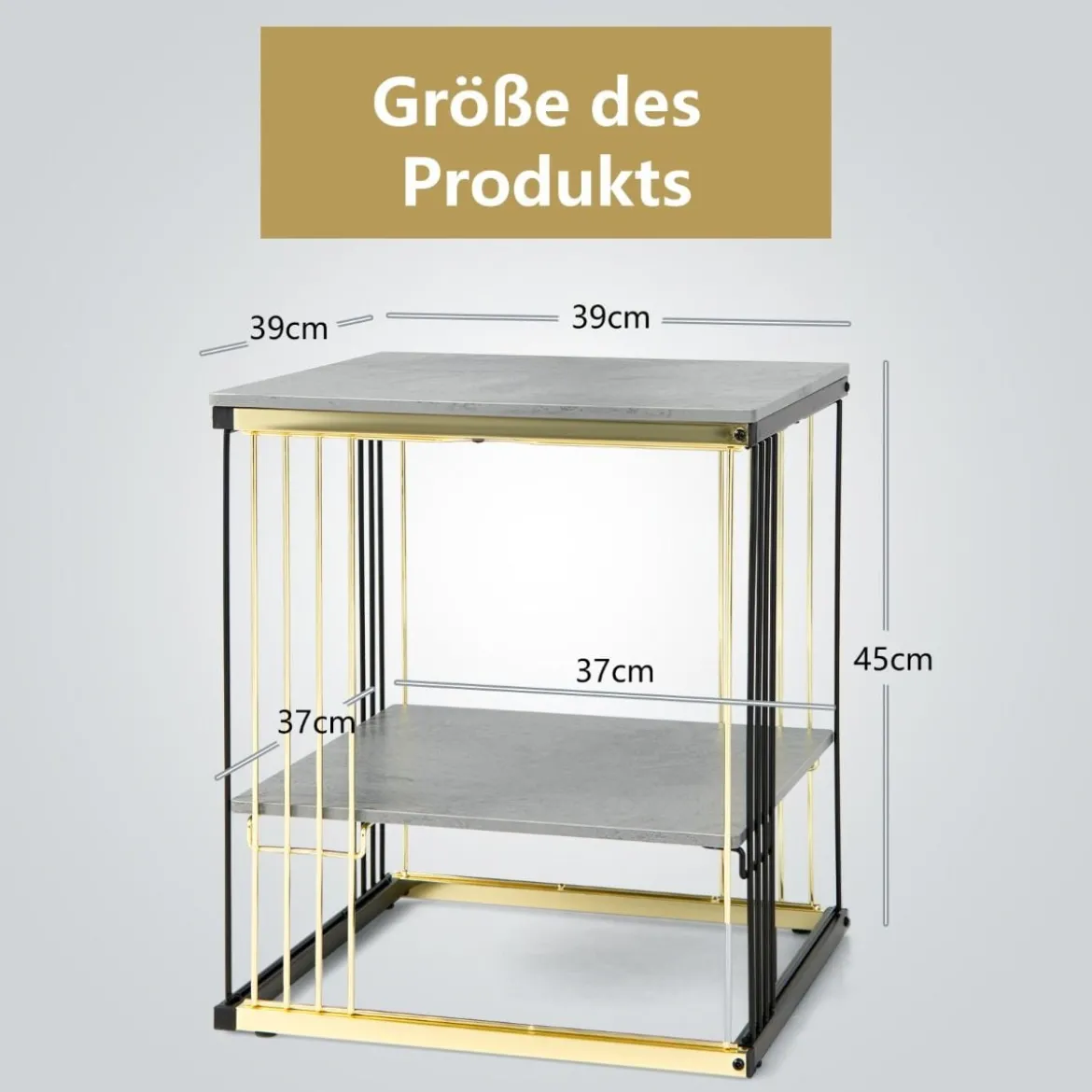 2 Ebenen Beistelltisch Marmor Optik mit abnehmbarer Ablage Sofatisch mit Metallrahmen 39 x 39 x 45 cm