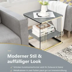 2 Ebenen Beistelltisch Marmor Optik mit abnehmbarer Ablage Sofatisch mit Metallrahmen 39 x 39 x 45 cm
