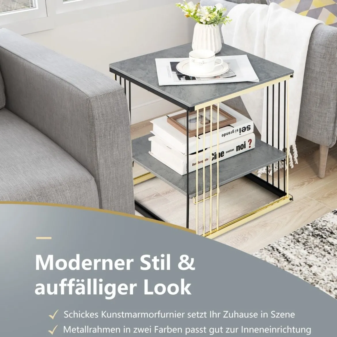 2 Ebenen Beistelltisch Marmor Optik mit abnehmbarer Ablage Sofatisch mit Metallrahmen 39 x 39 x 45 cm