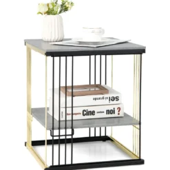 2 Ebenen Beistelltisch Marmor Optik mit abnehmbarer Ablage Sofatisch mit Metallrahmen 39 x 39 x 45 cm